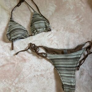 SHEIN Brown & Cream Crochet-Stripe Tie-Side Bikini